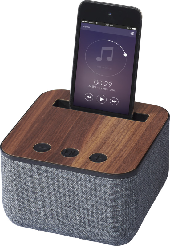 Altavoz Bluetooth madera/ tela. Regalos promocionales y reclamos publicitarios